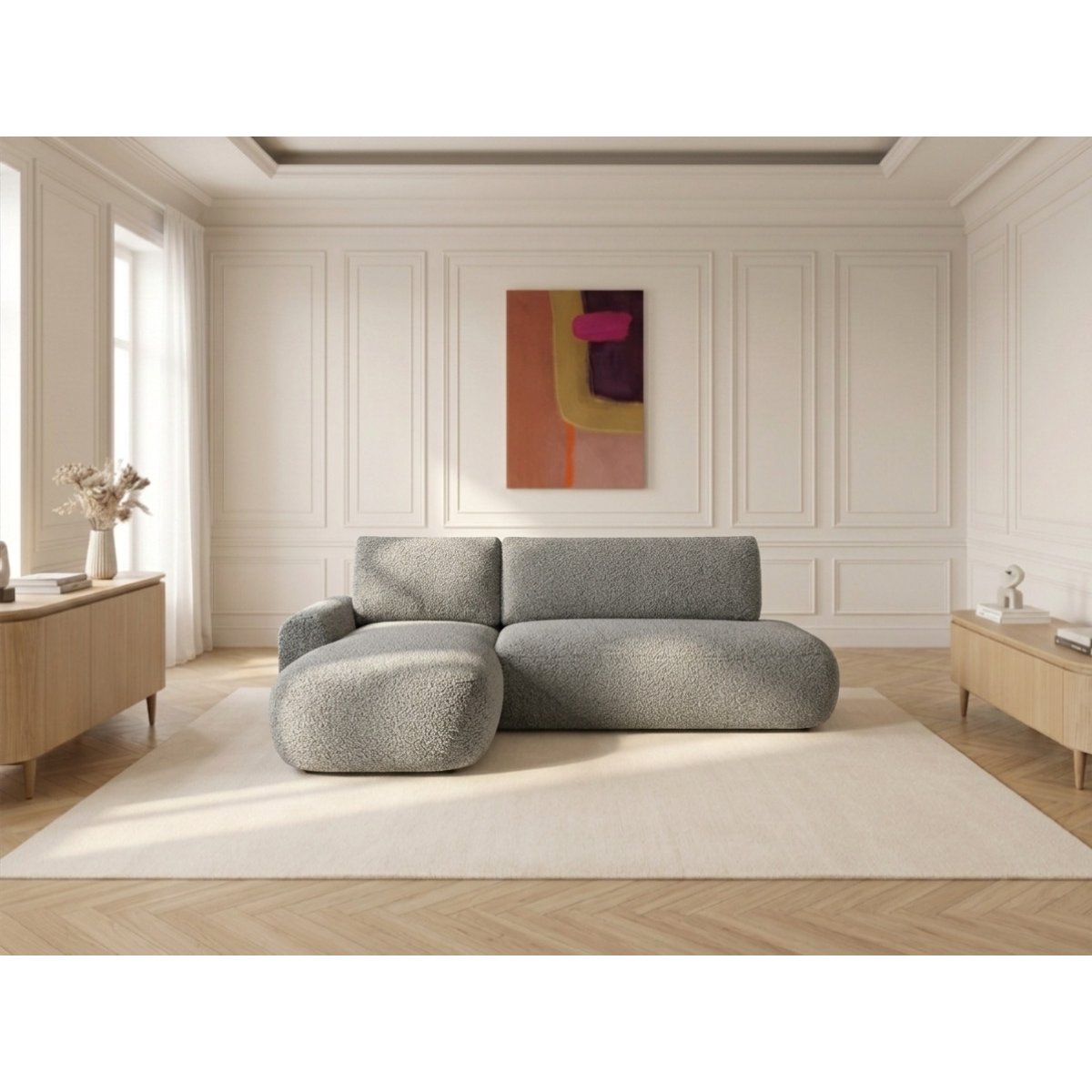 Canapé d'angle convertible 3 places en tissu bouclette, TANGO gris, BOBOCHIC