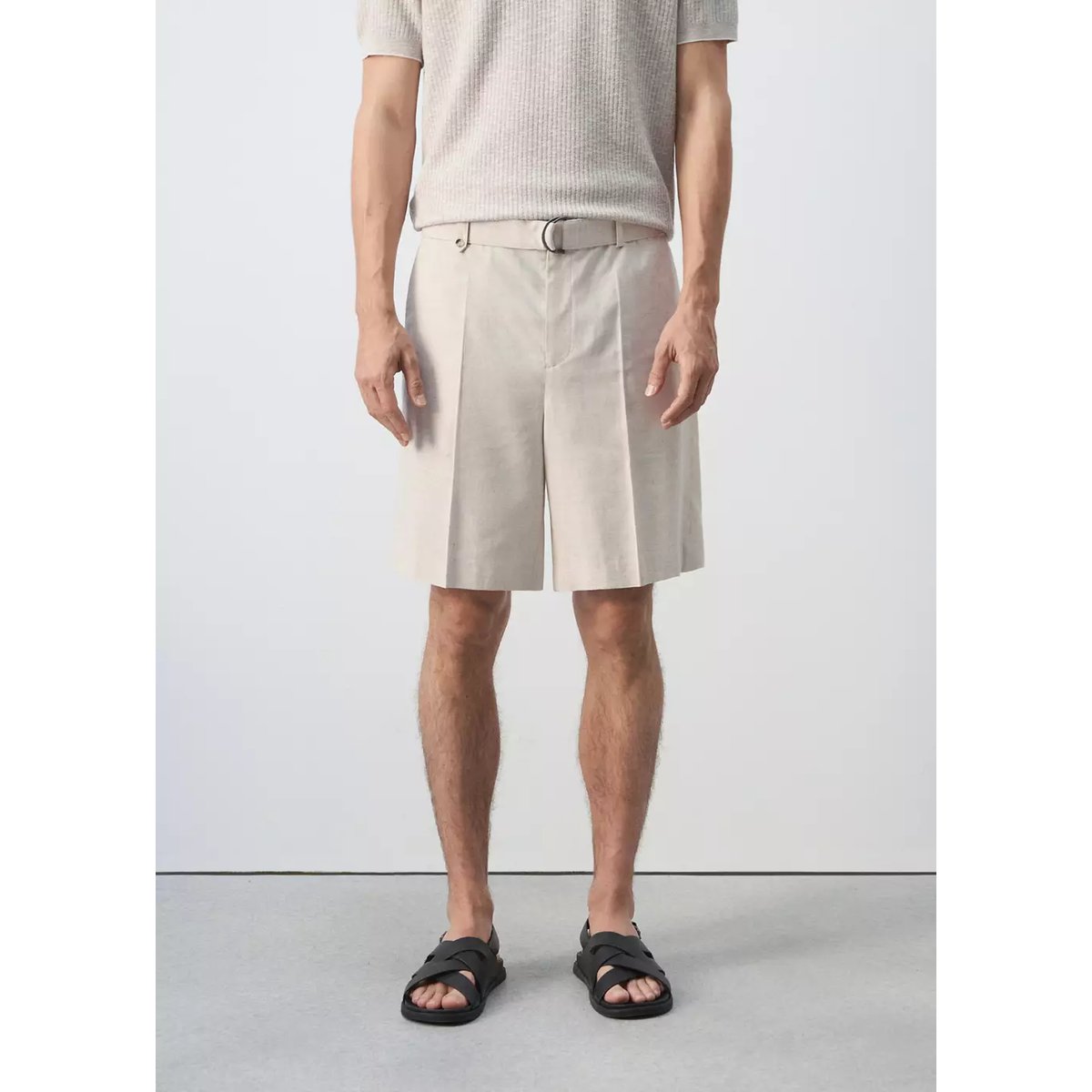 Bermuda lin mélangé avec ceinture écru, MANGO MAN