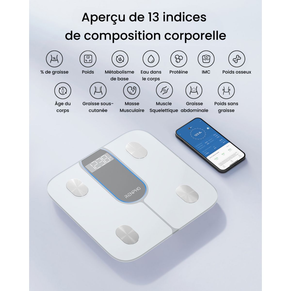 Pèse personne connecté Elis 1C Verre Trempé, Bluetooth, Max. 180 kg, Connecté, 13 Données Corporelles couleur unique, RENPHO