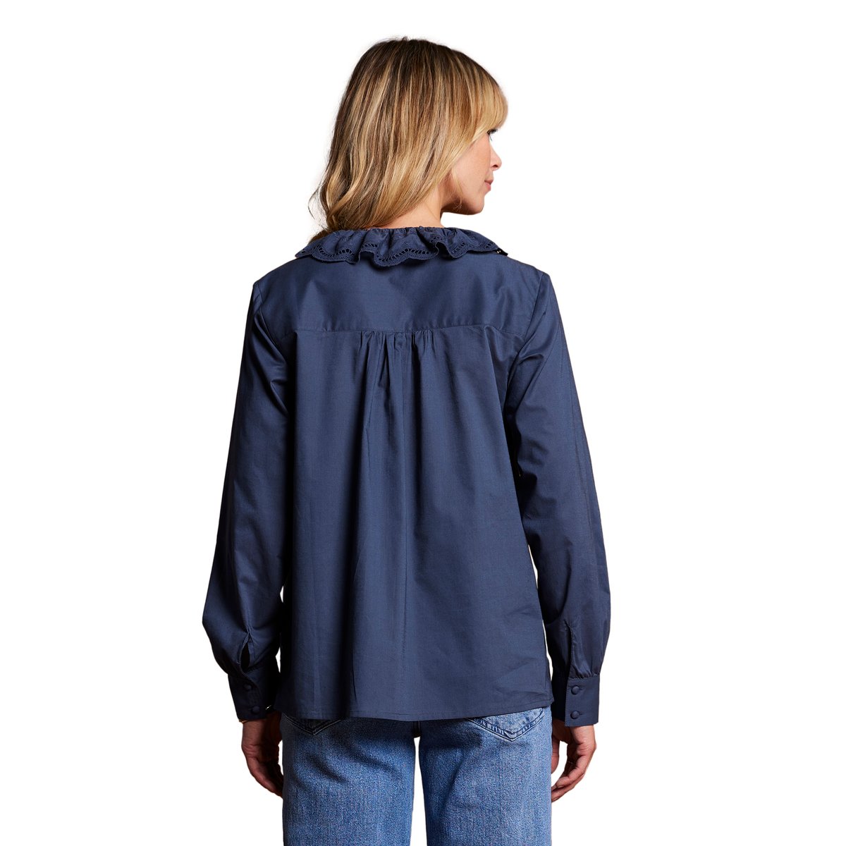 Blouse grossesse et allaitement à volants bleu nuit, ENVIE DE FRAISE