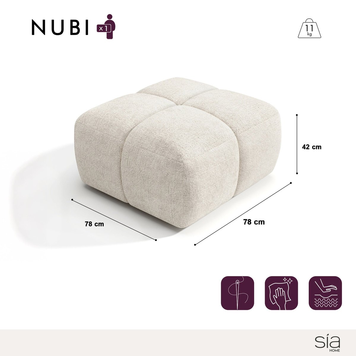 Pouf en velours texturé NUBI crème, SIA HOME
