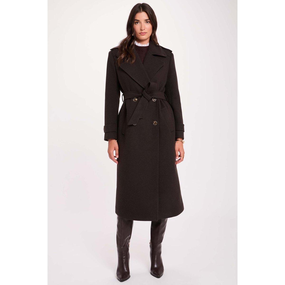 Manteau long ceinturé café, MORGAN