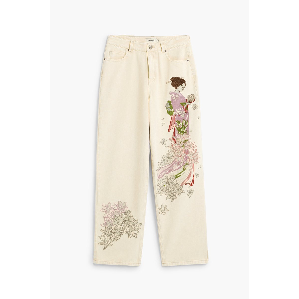 Pantalon en jean balloon brodé beige, DESIGUAL