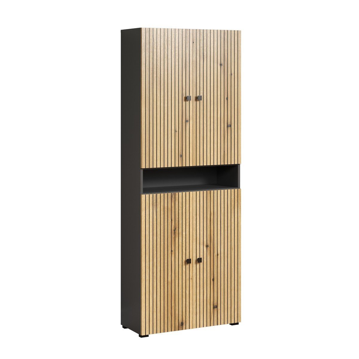 Double colonne de salle de bain rainurée 4 portes et 1 niche L70 cm -PUREBLISS chêne blond/ gris anthracite/ noir, CALICOSY