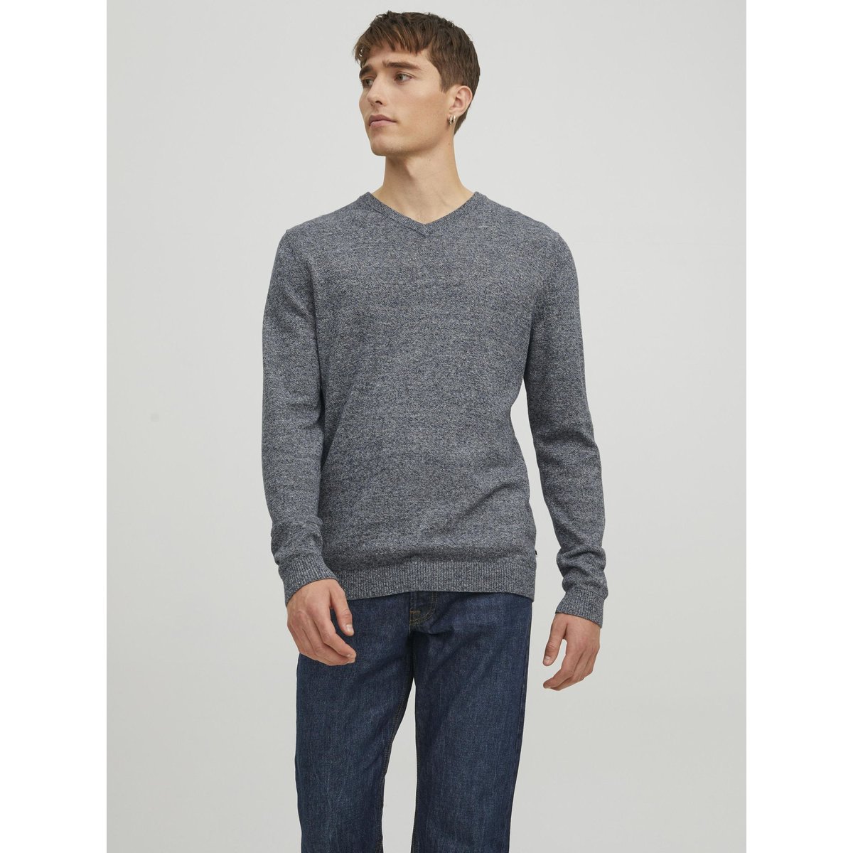 Pull col v en fine maille gris anthracite, JACK & JONES