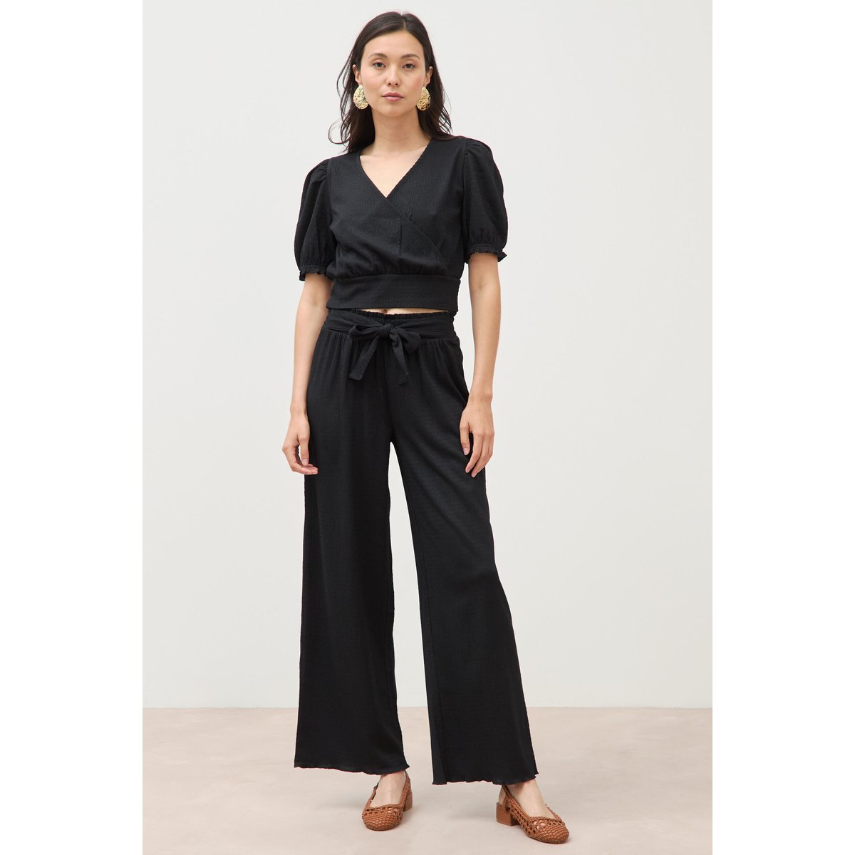 Blouse cropped manches courtes noir, BONOBO