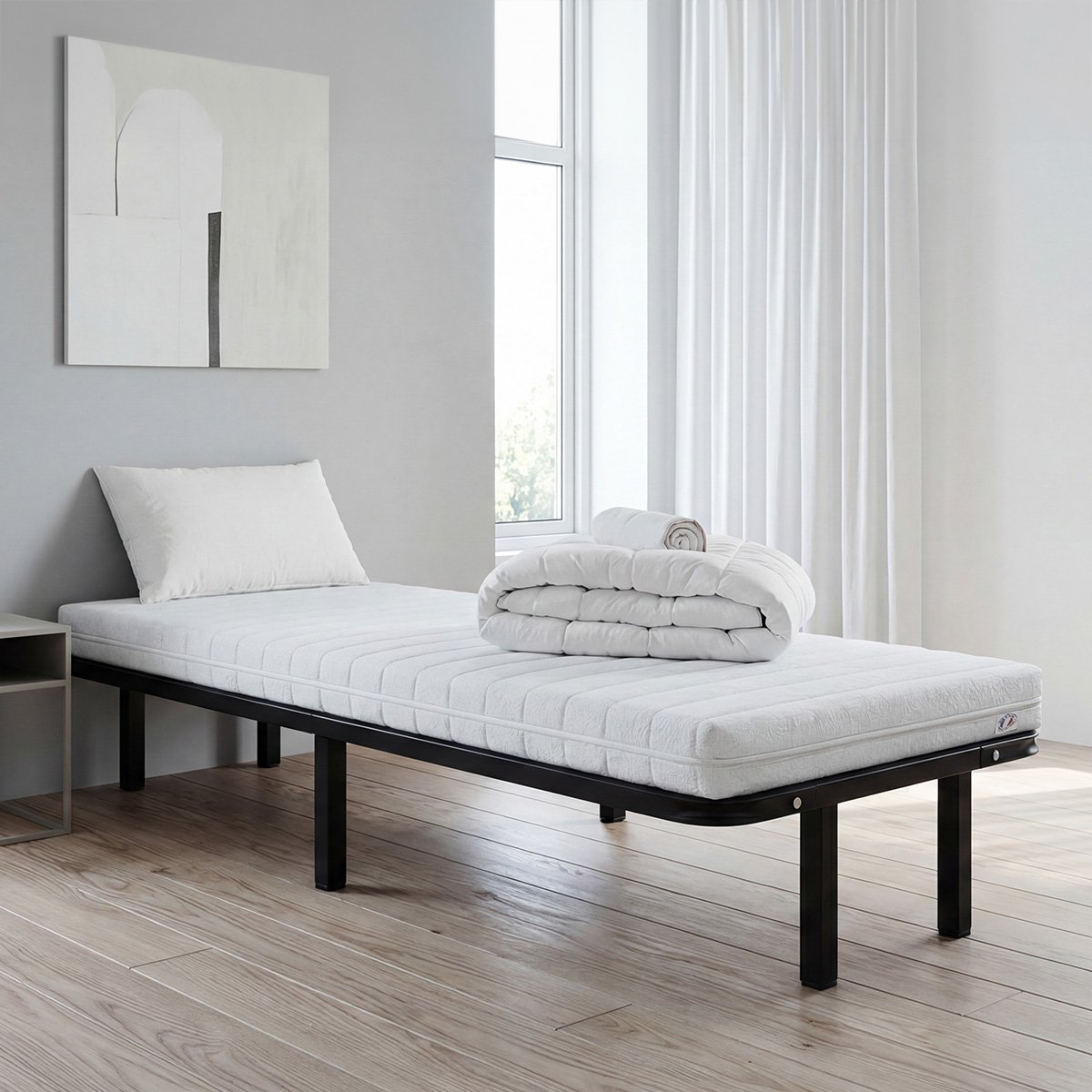 Pack Egio 90x190 cm Matelas Mousse + Sommier Métal + Accessoires blanc, OLYMPE LITERIE