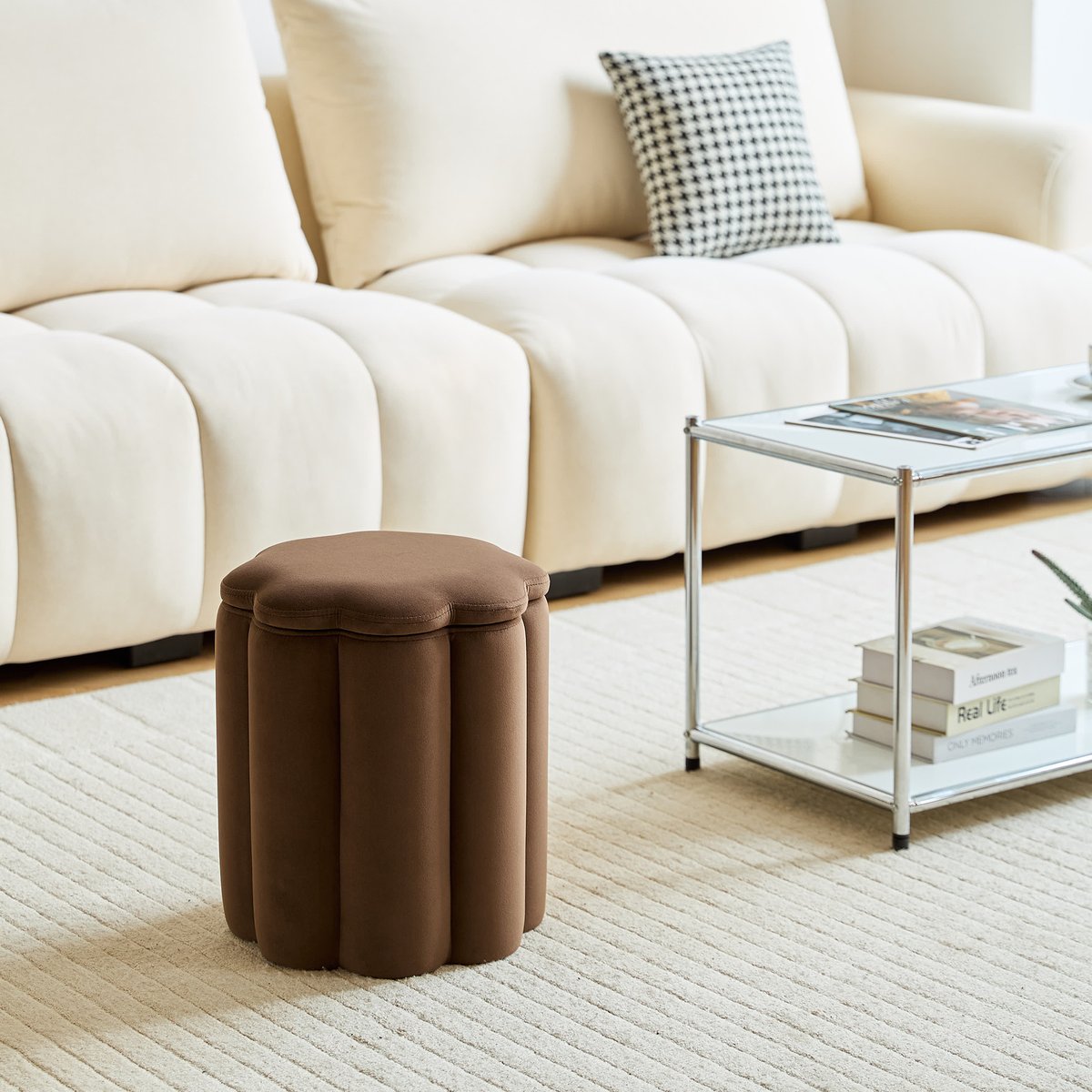 Pouf de salon avec rangement, velours, NIGATA marron, NORDLYS