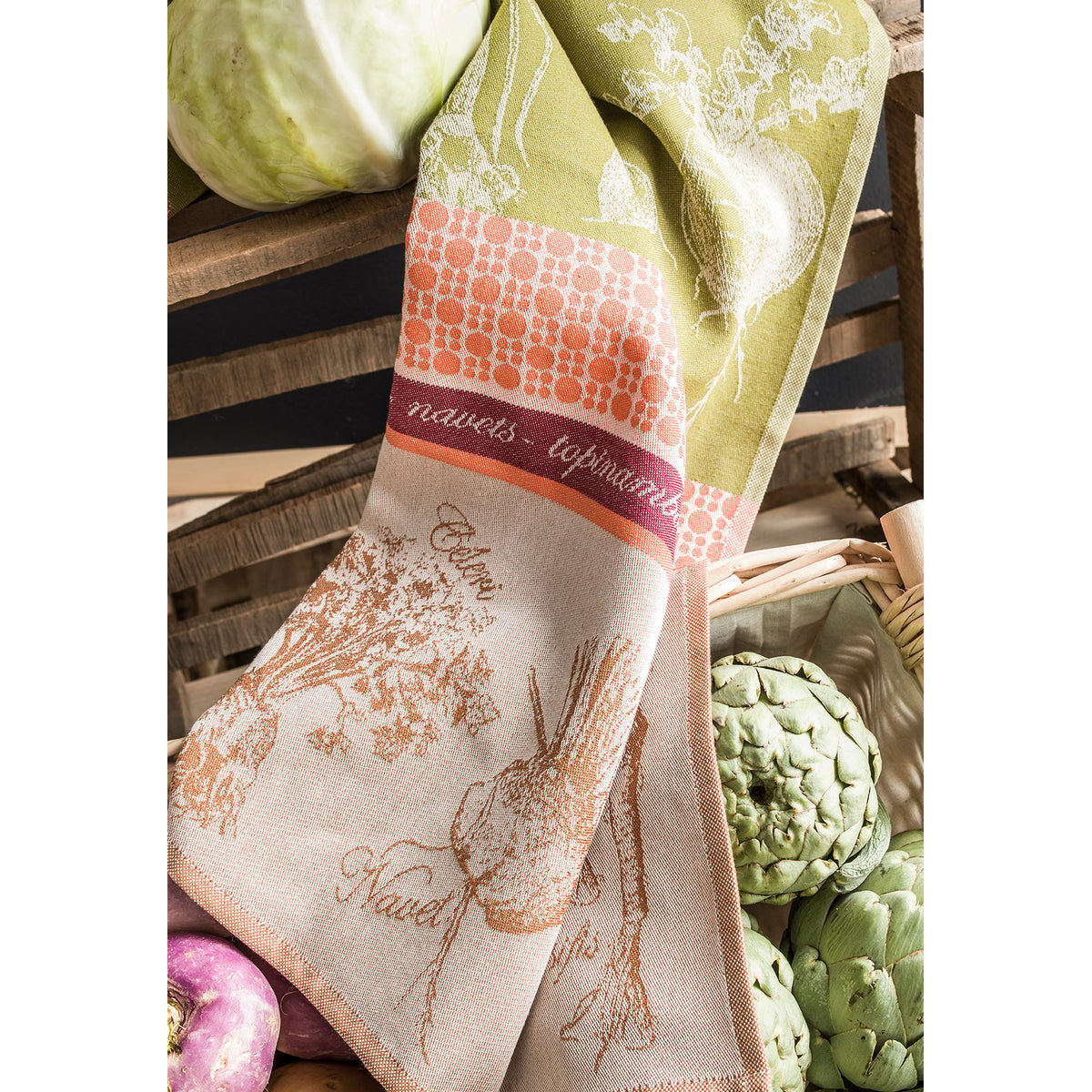 Torchon jacquard en coton LÉGUMES RACINES vert, COUCKE