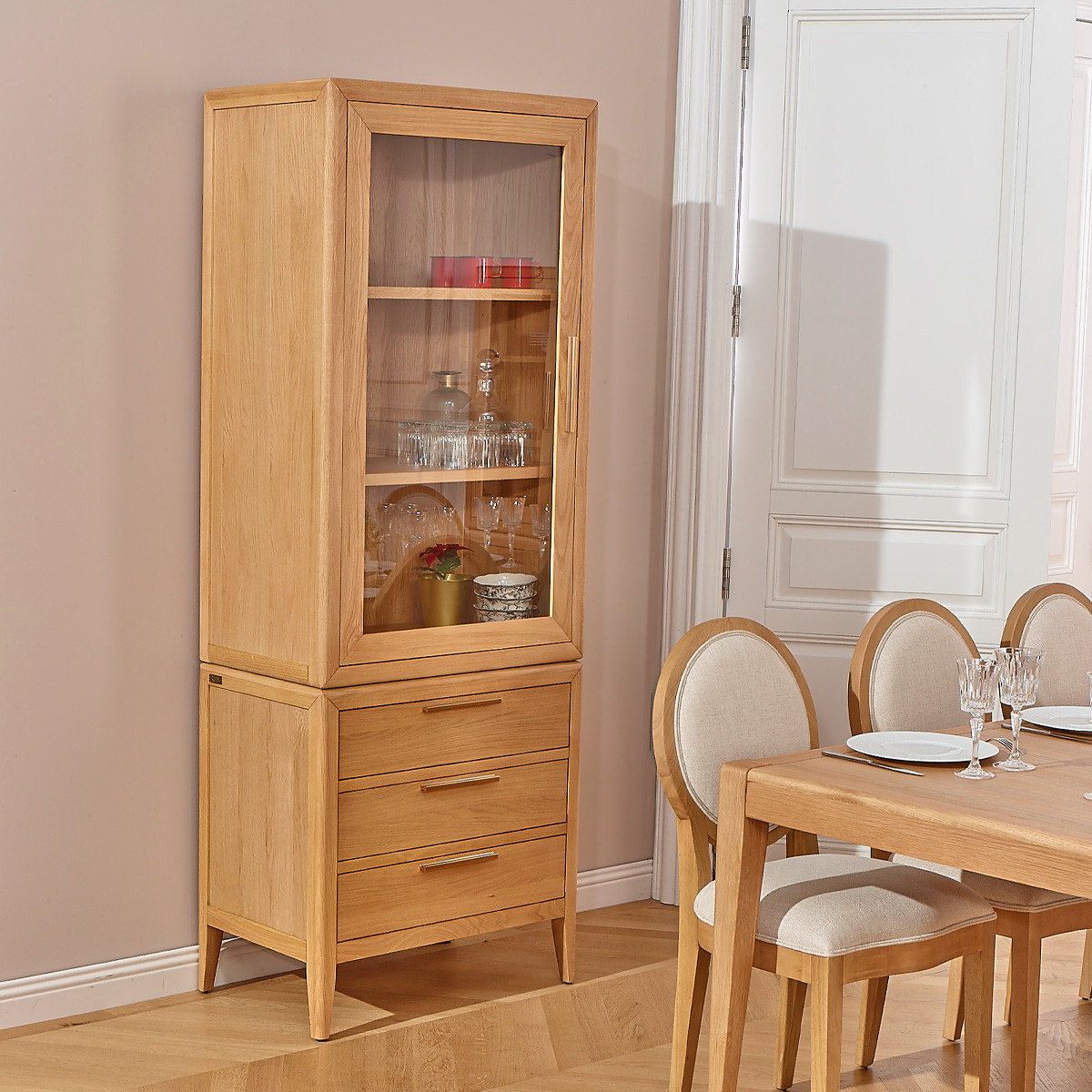Vaisselier en chêne style contemporain, 1 porte, 3 tiroirs TENNESSEE beige, ROBIN DES BOIS