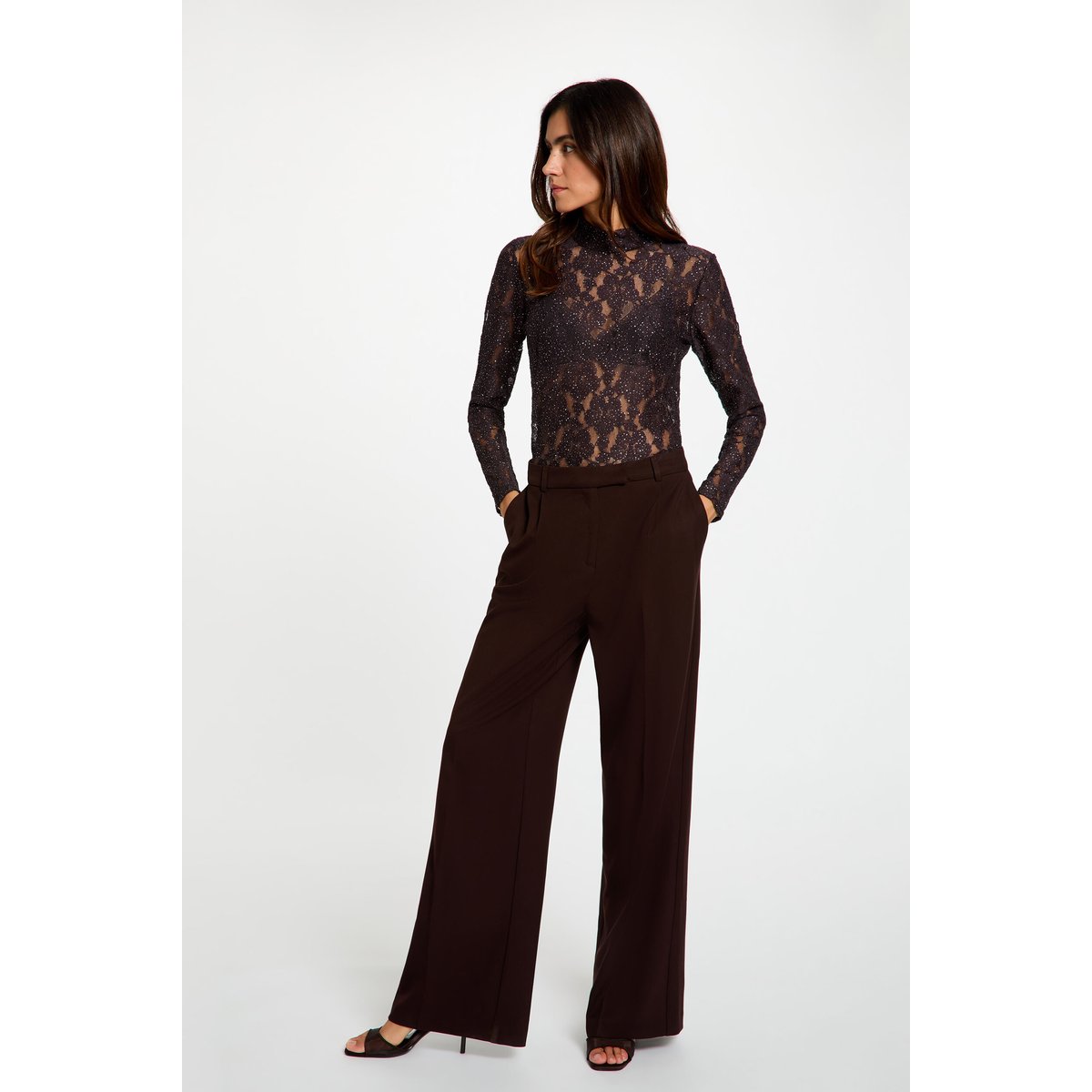 Pantalon large taille haute marron foncé, MORGAN
