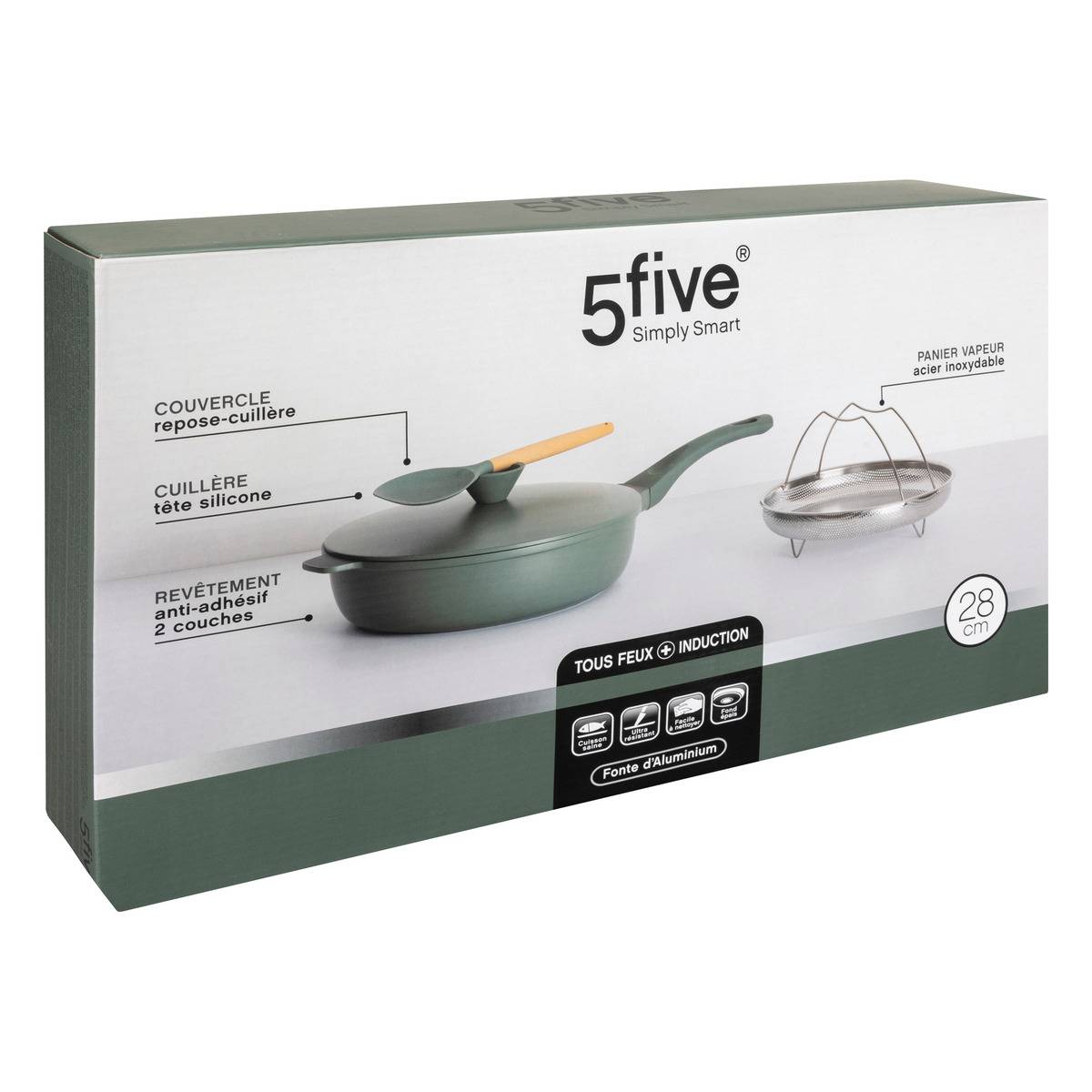 Sauteuse 28cm en fonte d'aluminium avec panier vapeur ALURO vert olive, 5FIVE SIMPLY SMART