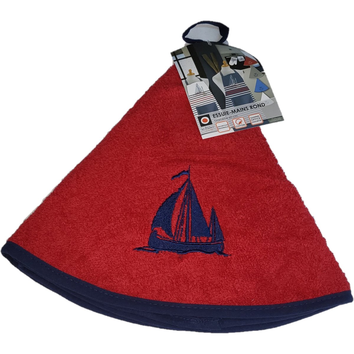Essuie mains torchon rond brode bateau bleu, blanc, rouge, anthracite, EDEN