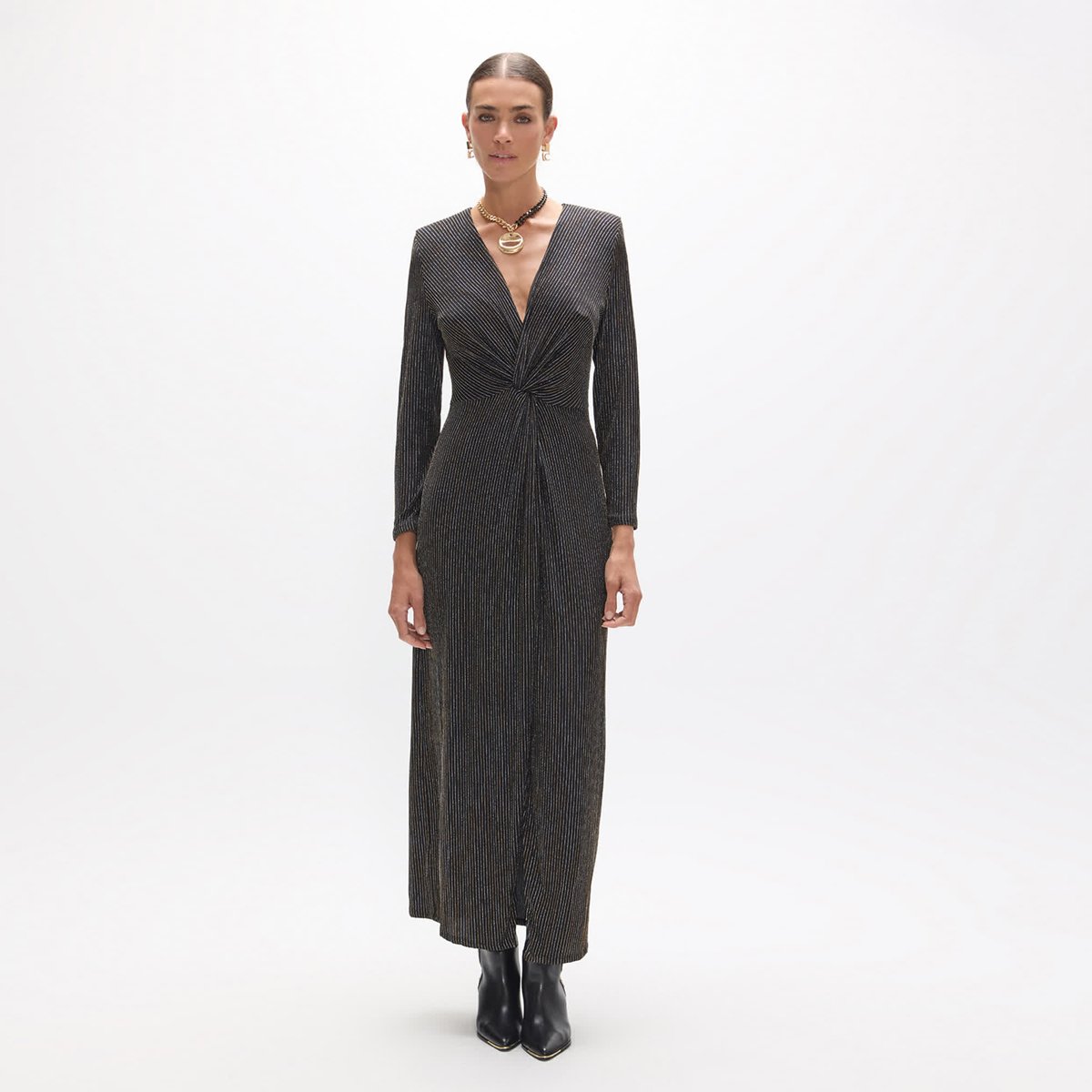 Robe longue col en V nÅ“ud central à fente latérales noir, LOLA CASADEMUNT