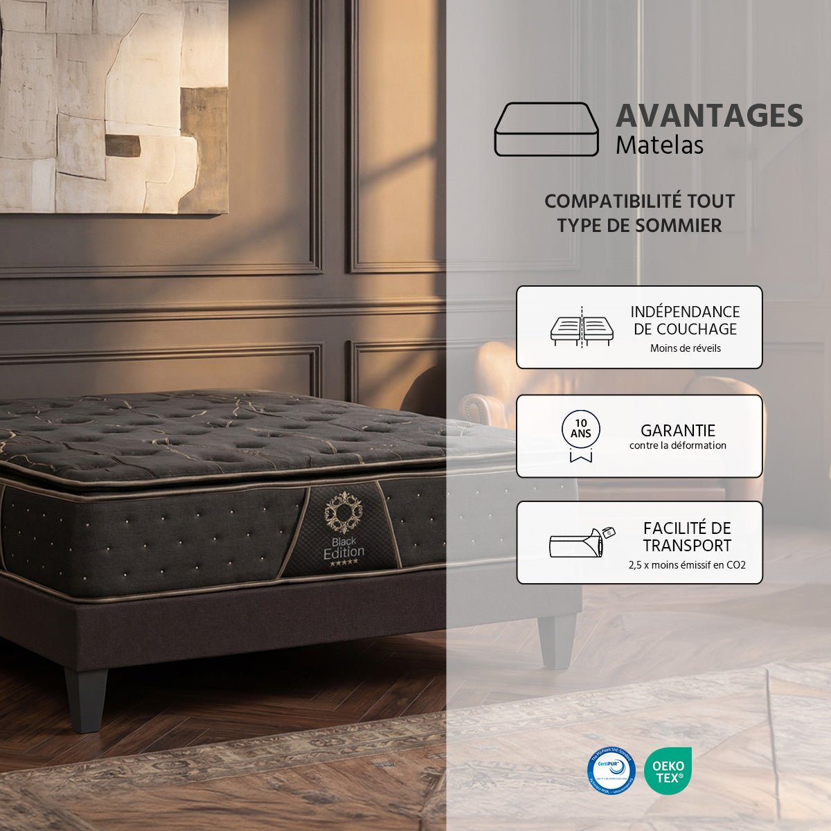 Matelas Mémoire de forme 34 cm BLACK EDITION noir, BELLECOUR