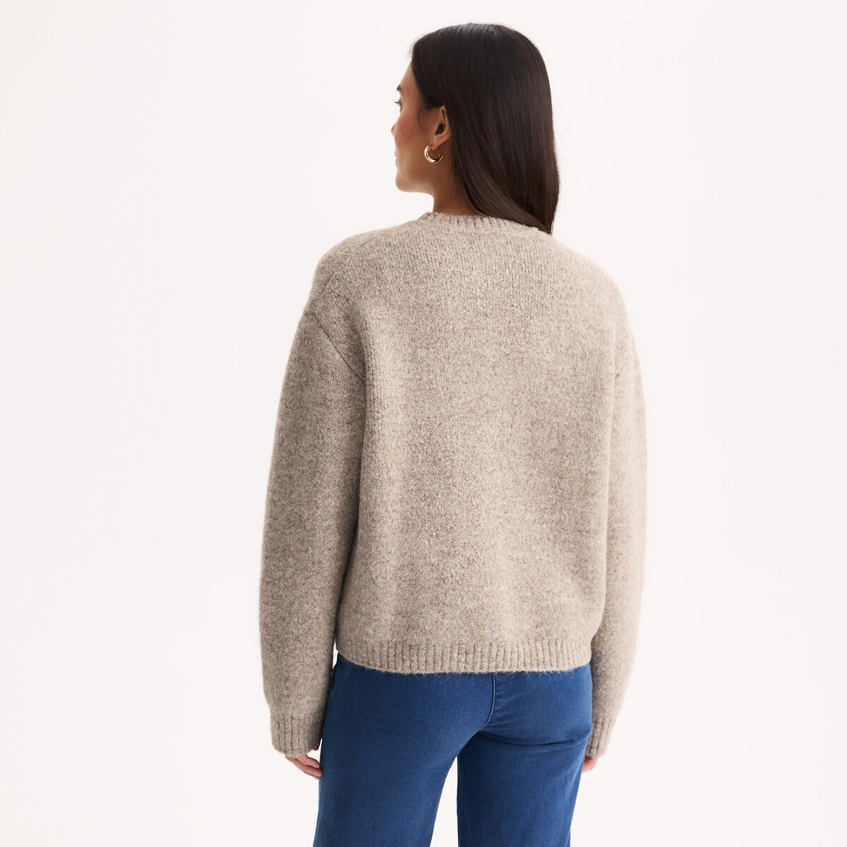Chunky Knit Crew Neck Zip-Up Cardigan beige marl, ANNE WEYBURN