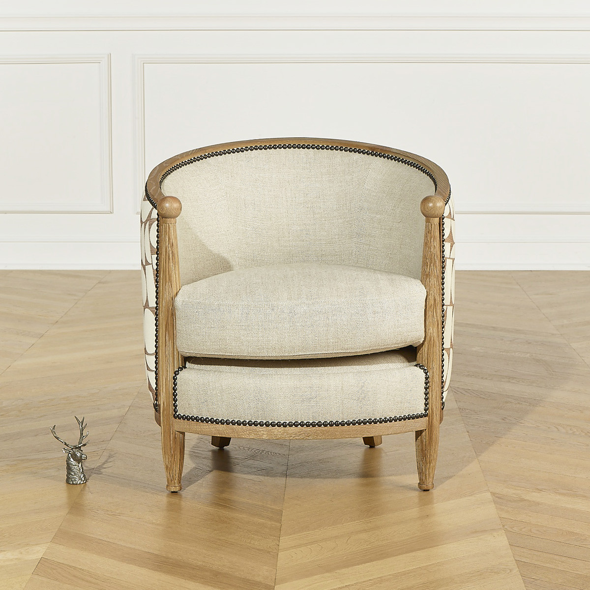 Fauteuil tonneau en chêne, lin et tissu édition limitée CAROLE lin, ROBIN DES BOIS