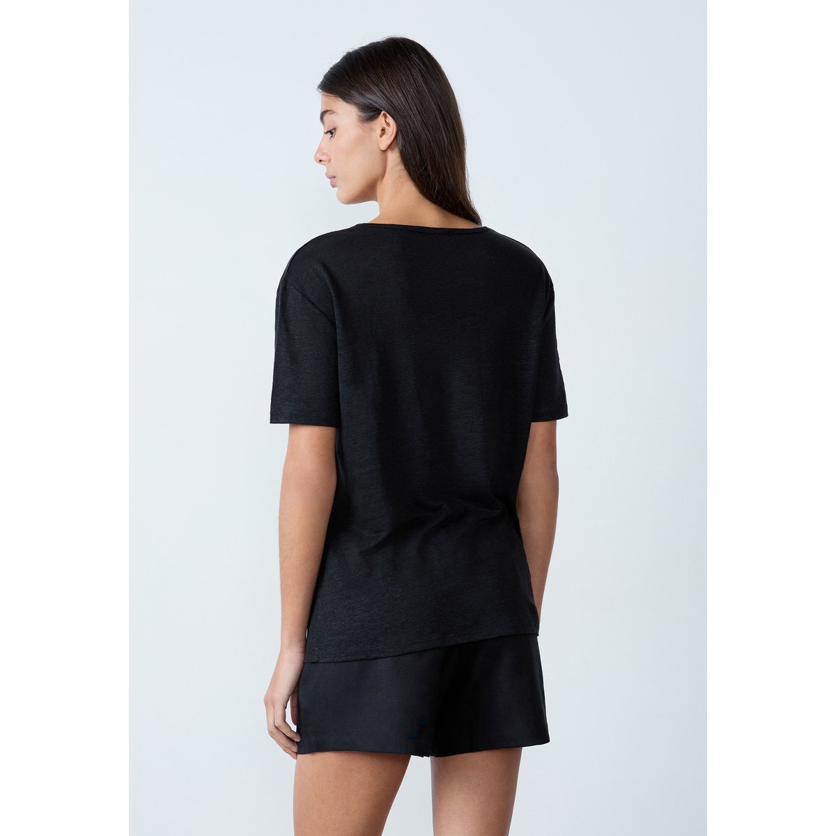 T-shirt col V 100% lin GANGA V noir, ETAM