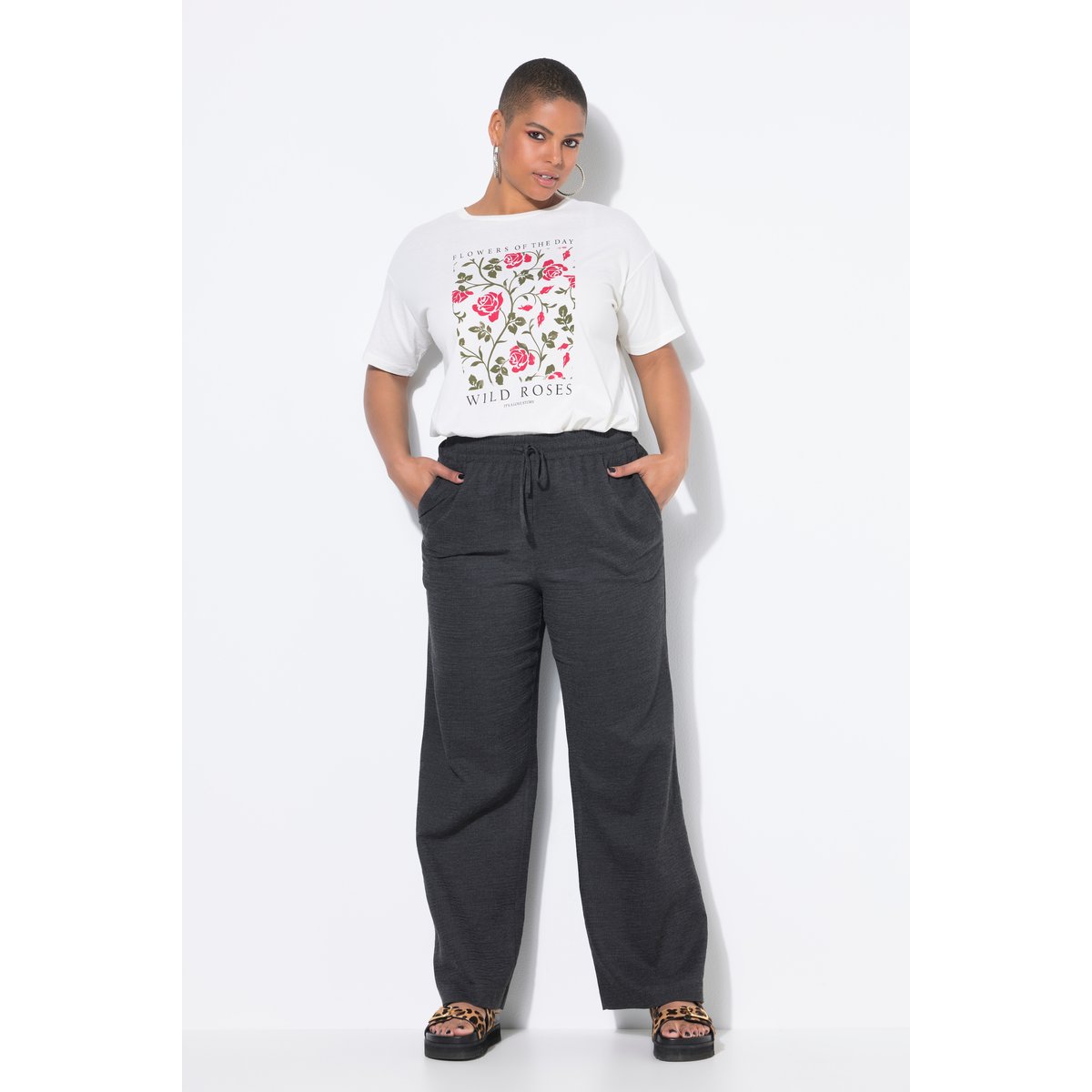 Pantalon finement texturé. Coupe Wide Legs gris chiné, STUDIO UNTOLD