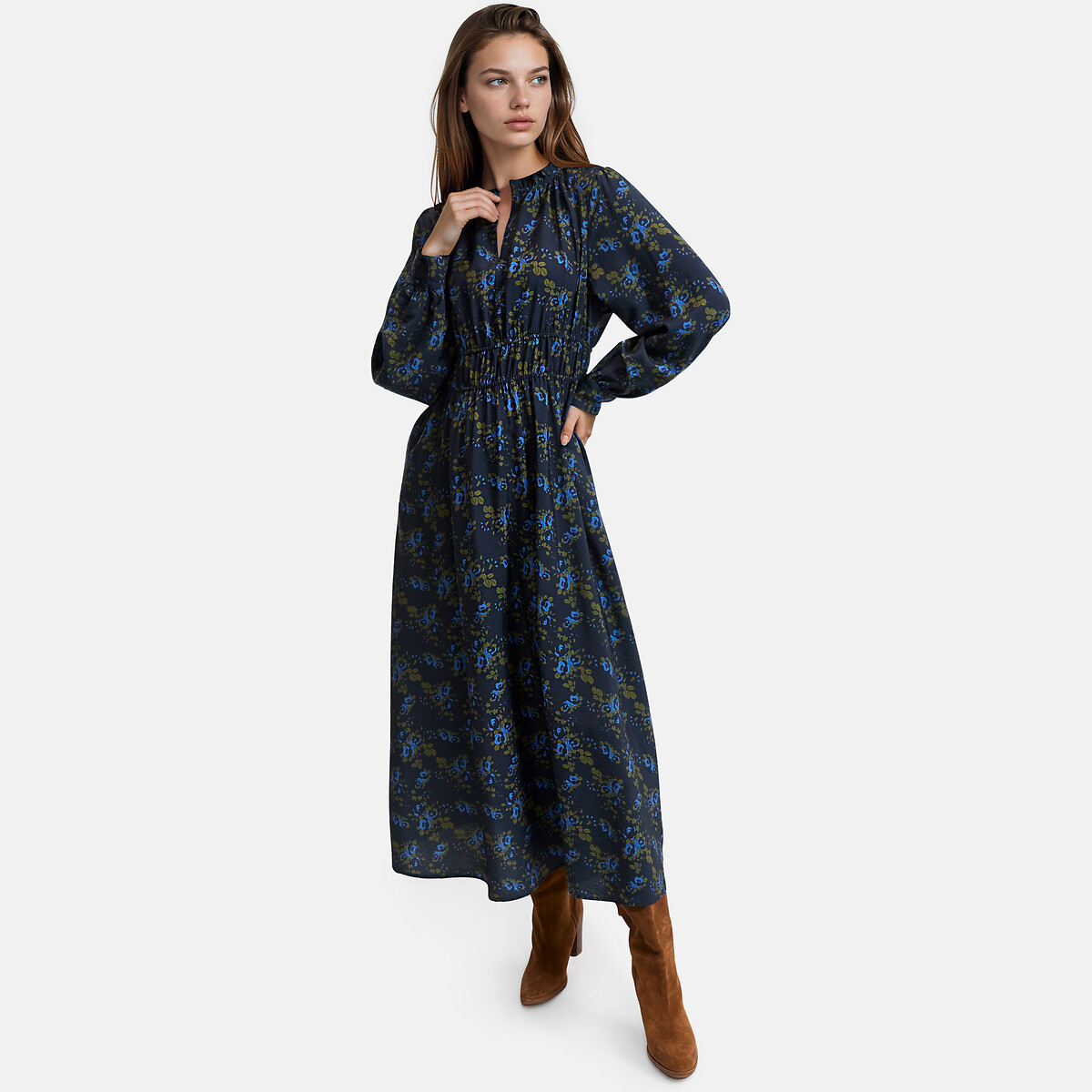 Robe longue imprimé floral à manches longues et col volanté imprimé fleurs fond bleu marine, LA REDOUTE COLLECTIONS