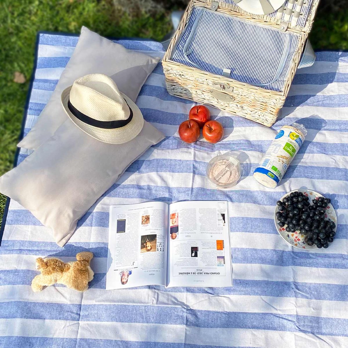 Nappe pique-nique à revers imperméable bleu, blanc, LES JARDINS DE LA COMTESSE