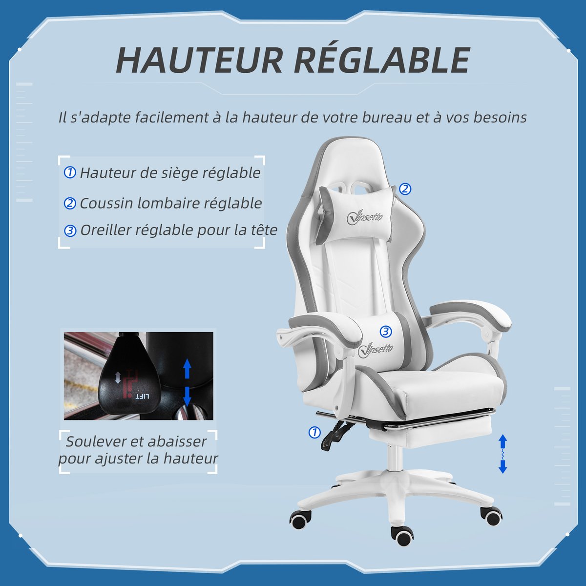 Fauteuil gaming Polyuréthane Blanc et gris blanc, gris, HOMCOM