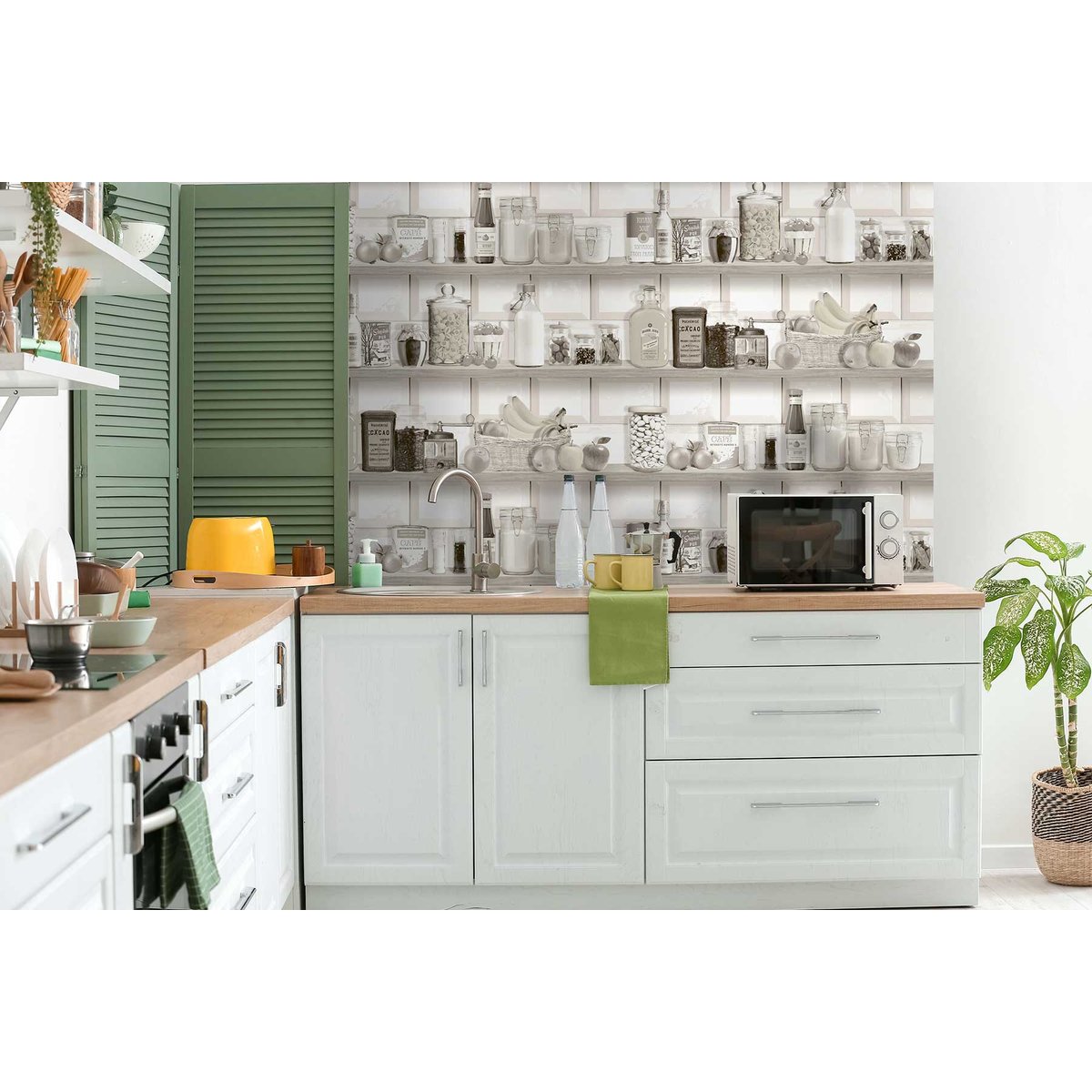 Papier peint étagère cuisine vintage sépia blanc beige, HEXOA