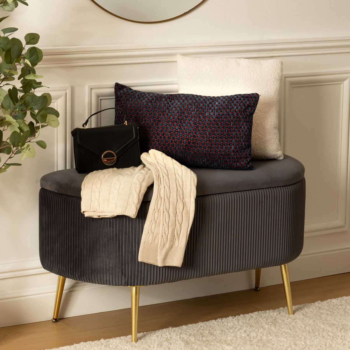 Banc coffre de rangement en velours SOLARO gris, ATMOSPHERA