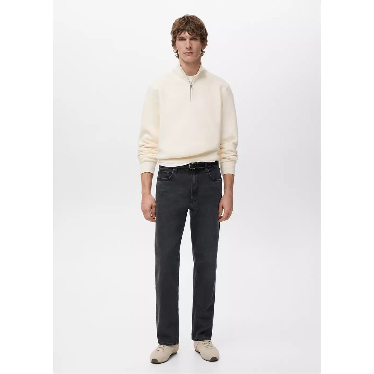 Sweat avec col zippé intérieur soft-touch blanc, MANGO MAN
