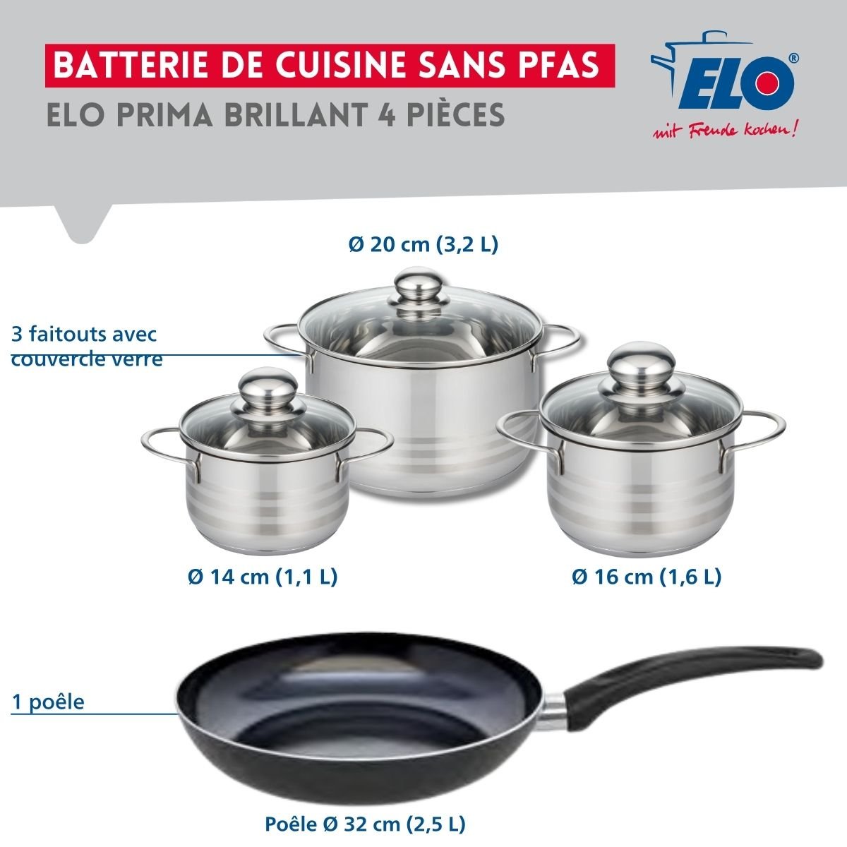 Batterie 1 poêle 32cm + 3 faitouts 14/16/20cm PRIMA BRILLANT noir, ELO