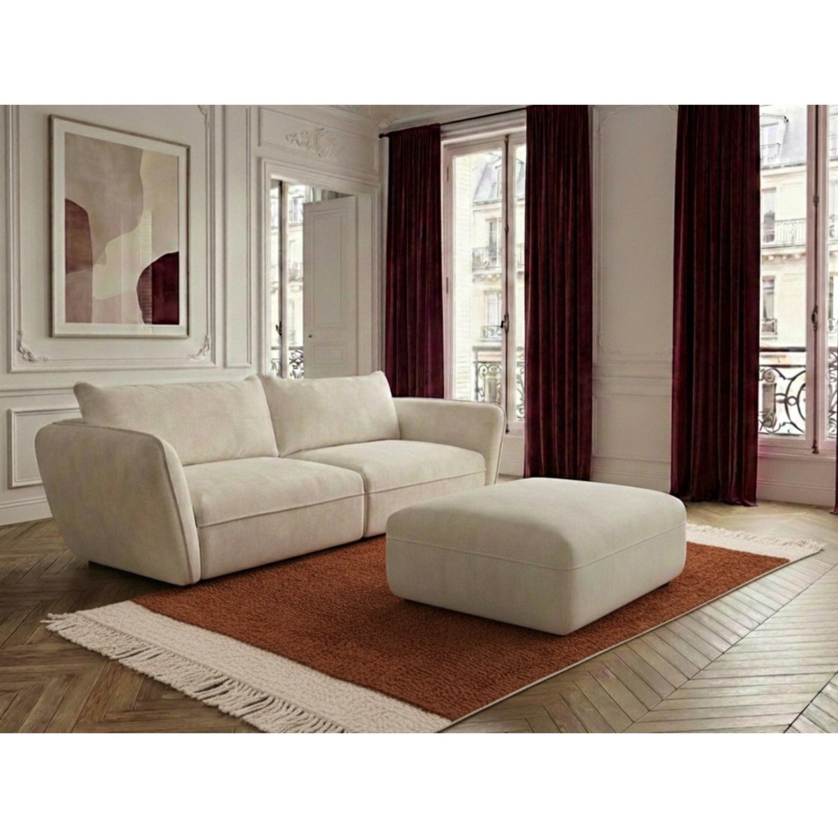 Canapé droit fixe 3 places en tissu texturé avec pouf, LUIGI blanc, BOBOCHIC