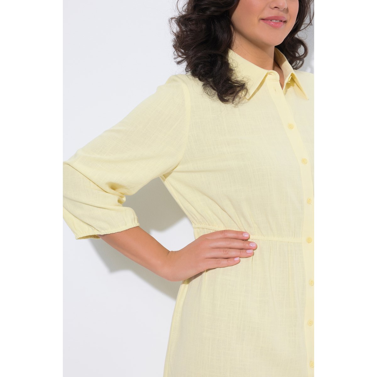 Robe chemisier, col chemise et manches 3/4 jaune pâle, ULLA POPKEN