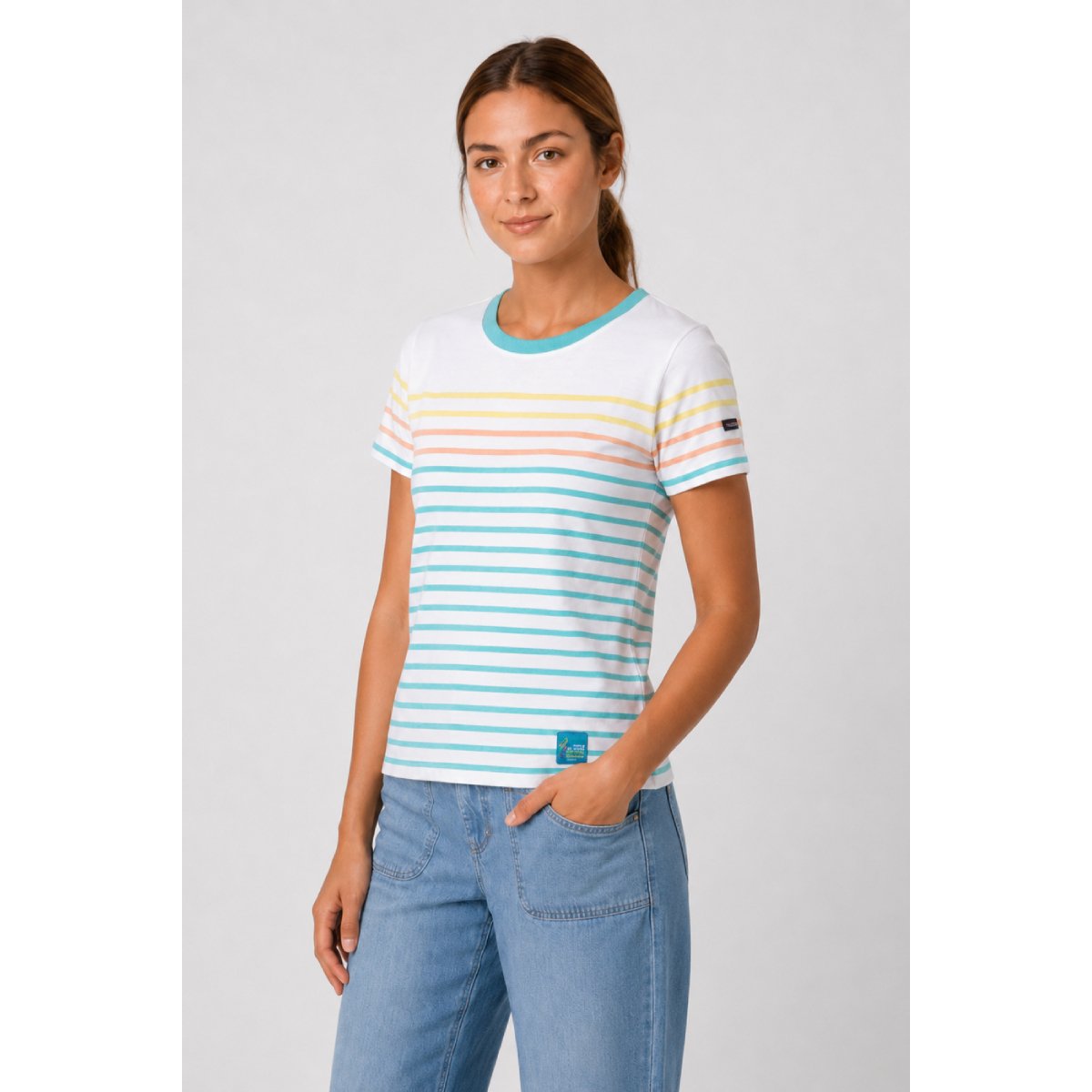 Marinière Femme - coton léger blanc/ citronelle/ peach n, ARMOR-LUX