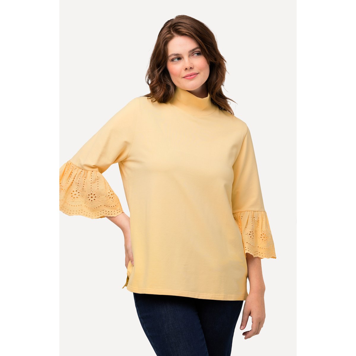 Sweat-shirt à col montant et manches 3/4 jaune clair, ULLA POPKEN