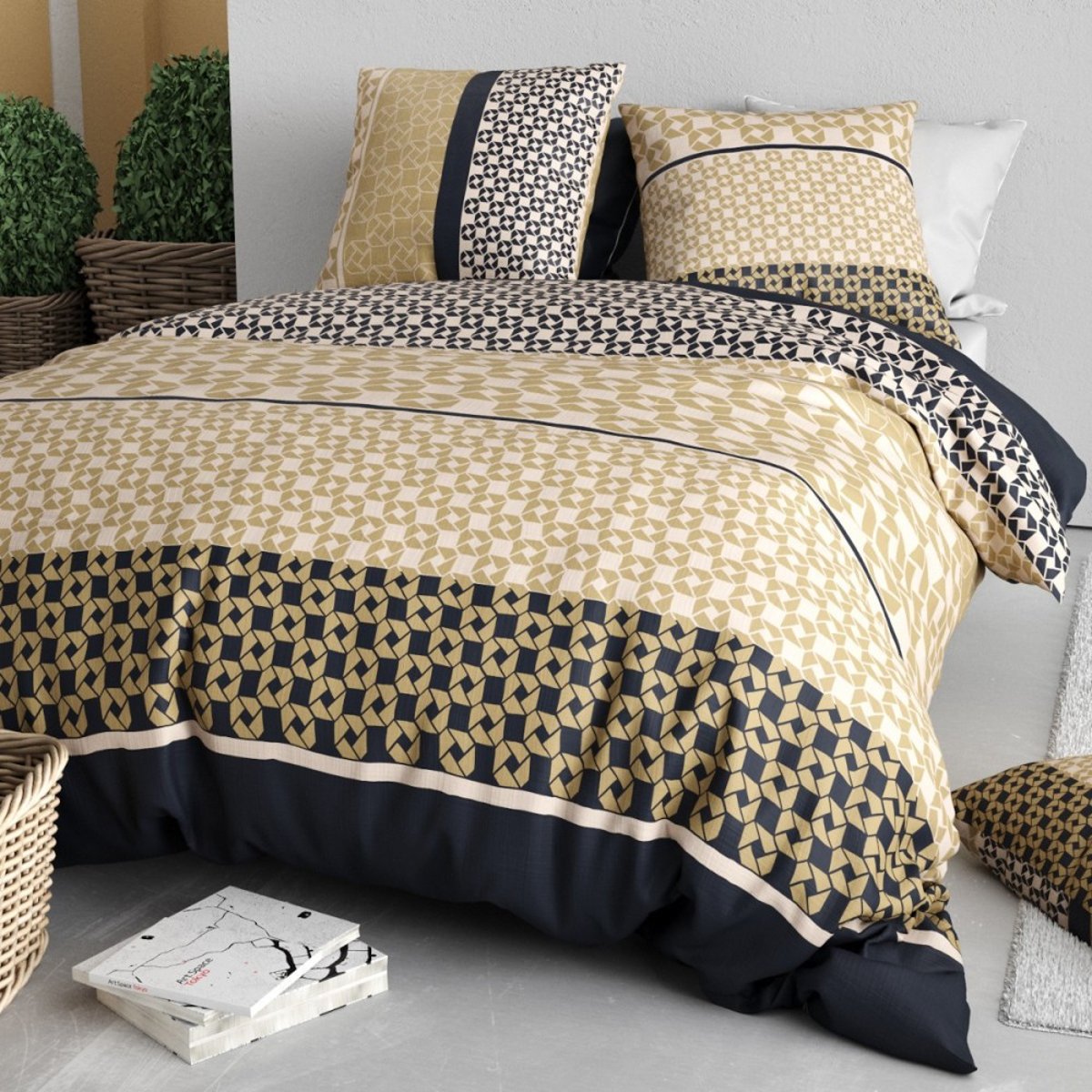 Housse de couette 100% coton 57 fils + 2 taies d’oreiller multicolore, DECORATIE