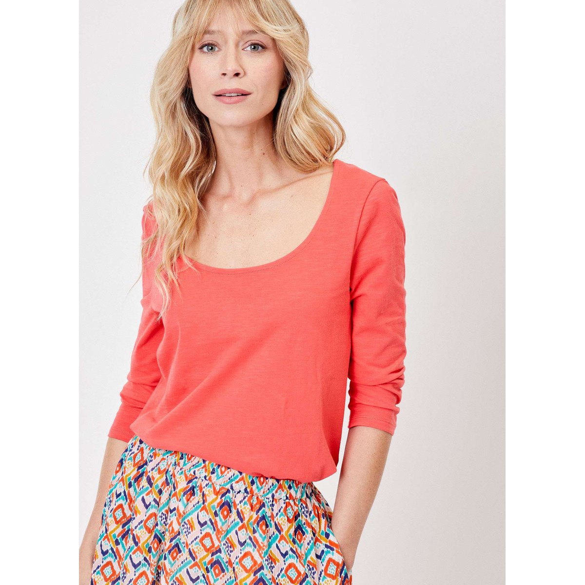 T-shirt uni coton flammé bio uni manches 3/4 BIANCA rouge grenadine, LA FIANCÉE