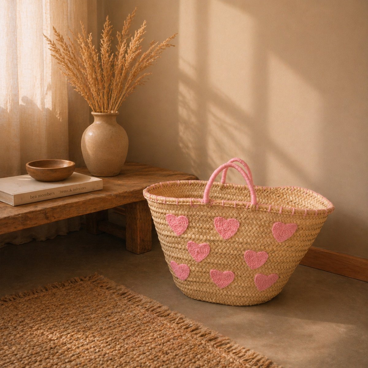 Panier Cœurs brodés -  LOJI rose, HOME MAISON