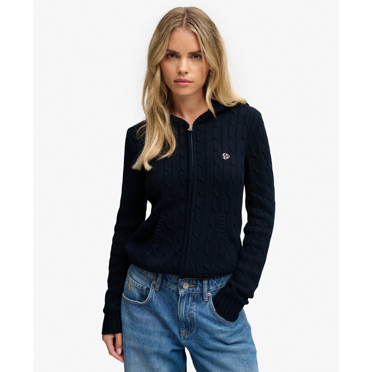 Sweat zippé à capuche Cable Knit coupe ajustée bleu marine éclipse, SUPERDRY