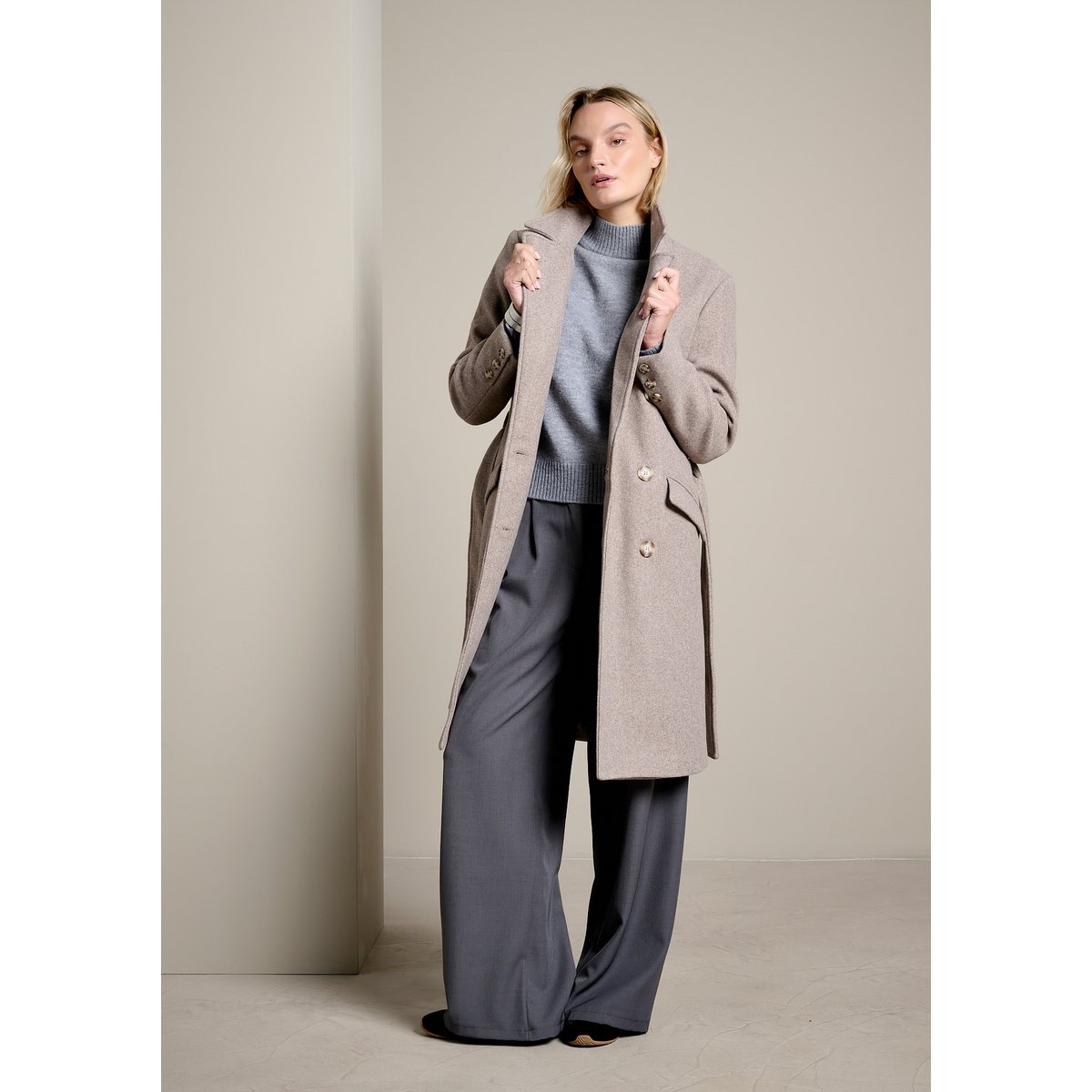 Manteau croisé ceinturé taupe, LOLALIZA