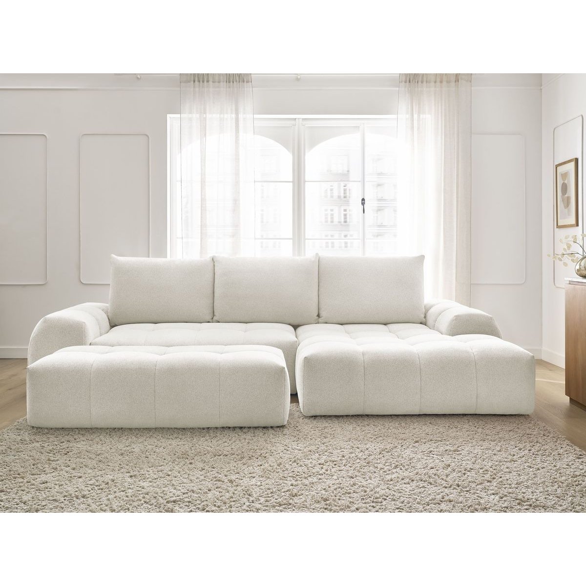 Canapé d'angle convertible 4 places en tissu chiné avec pouf, EVEREST blanc, BOBOCHIC