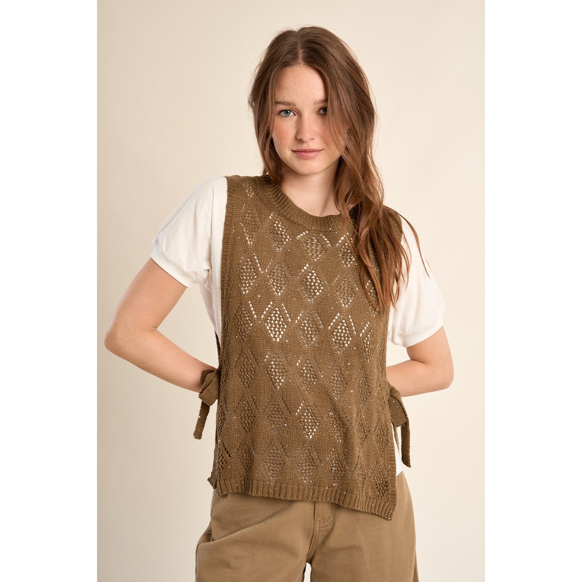 Maille sans manches, ajourée et nouable sur les côtés camel, MOLLY BRACKEN