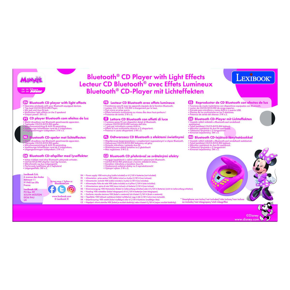 Lecteur CD Bluetooth Minnie avec effets lumineux rose, LEXIBOOK