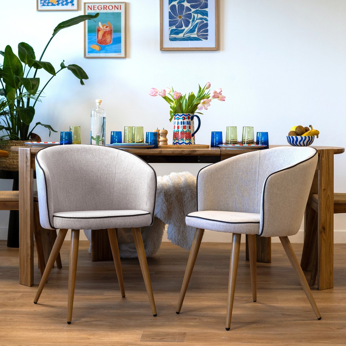 Lot de 2 chaises en tissu et pieds en métal - CHIARA beige, pieds bois clair, MAISON PAVANE