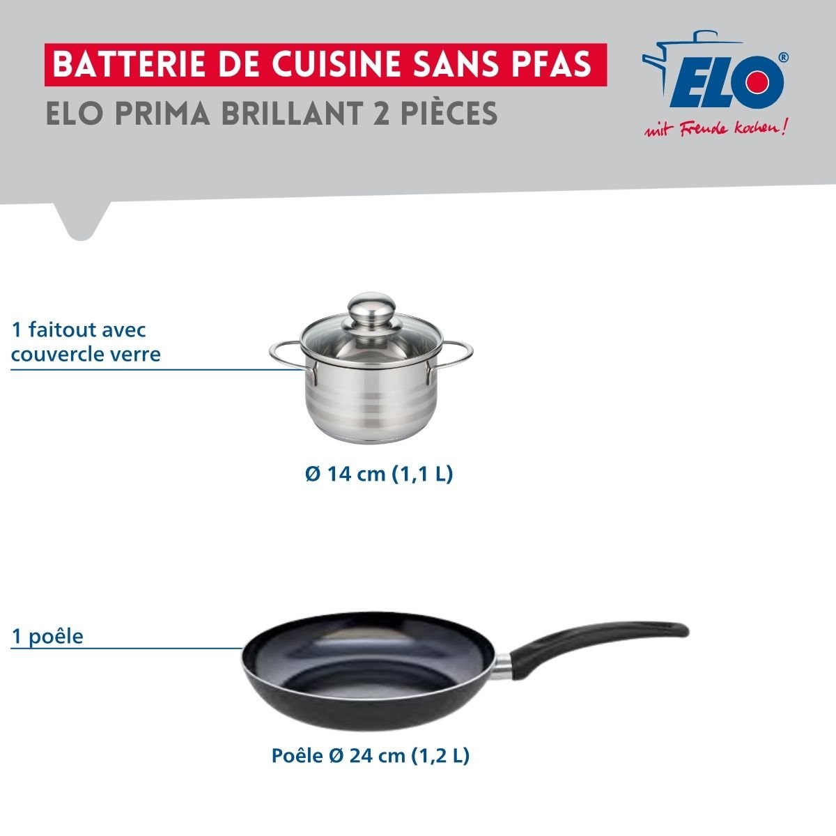 Batterie de cuisine 1 poêle 24cm + 1 faitout 14cm PRIMA BRILLANT noir, ELO