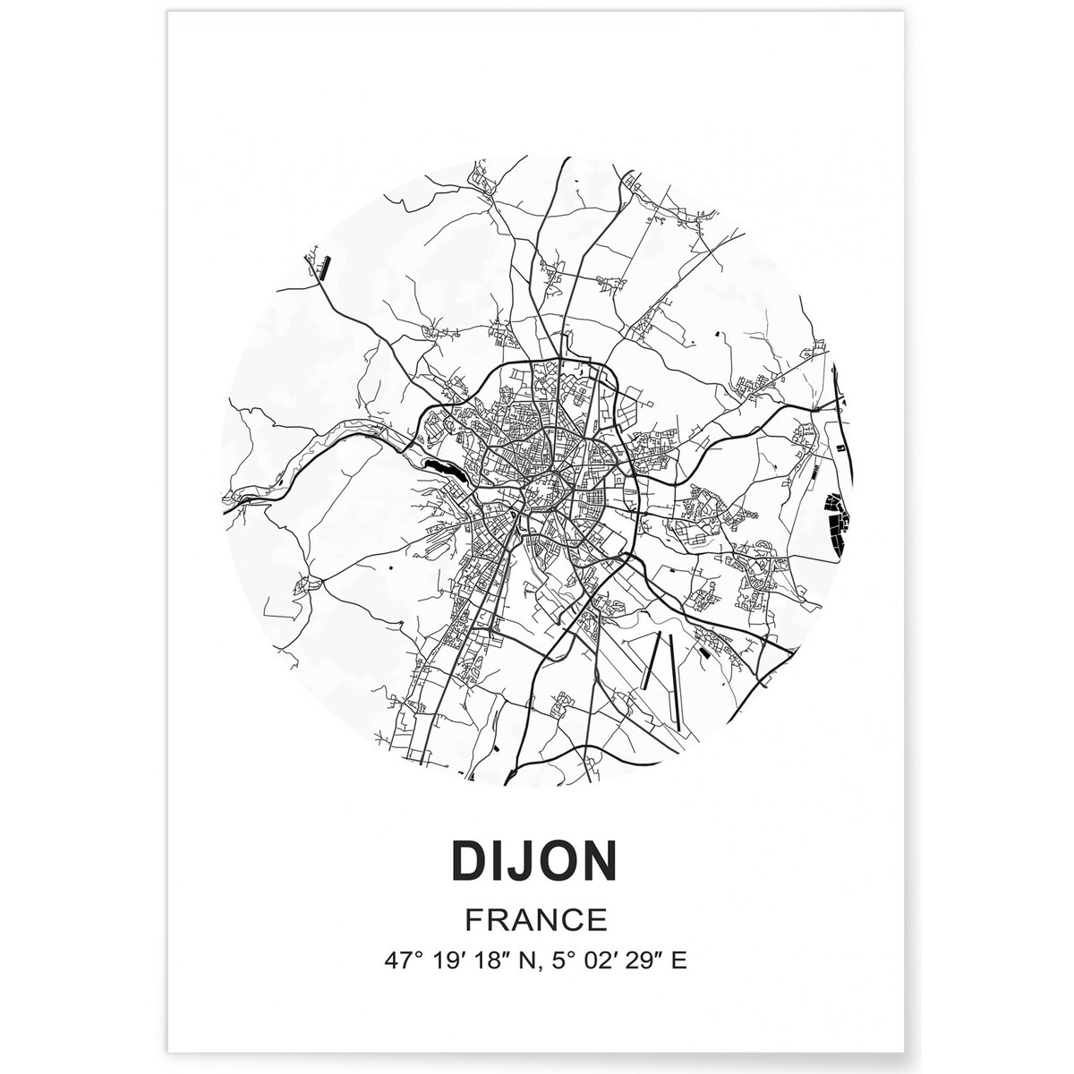 Affiche Carte Dijon blanc, L'AFFICHERIE