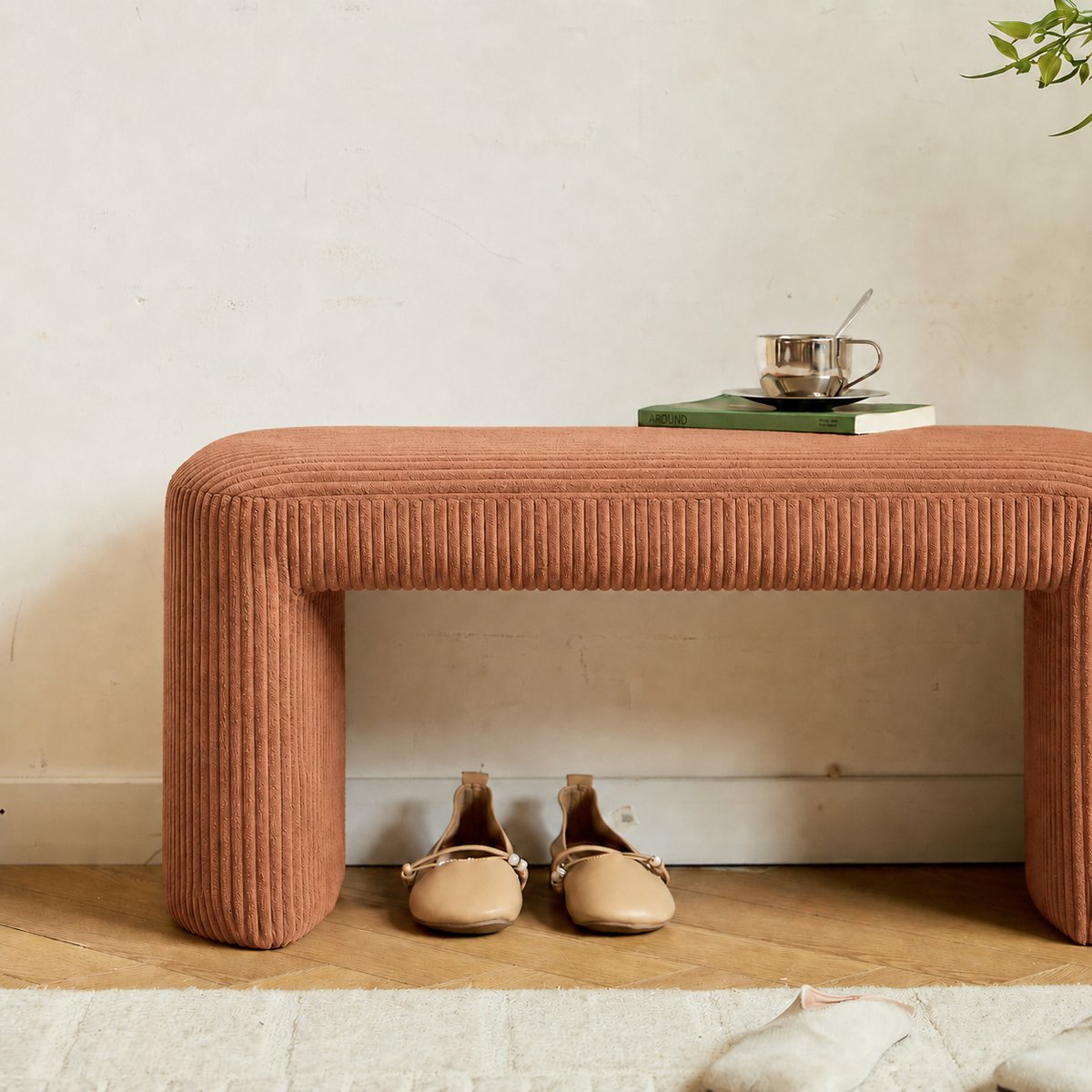 Banc style scandinave, velours côtelé, RIGA terracotta, NORDLYS