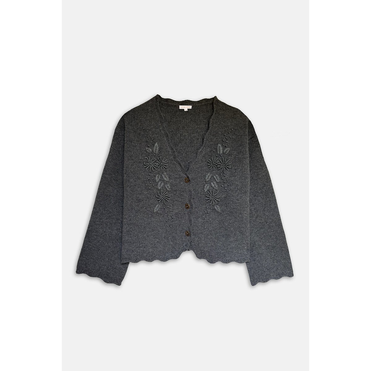 Cardigan col V brodé en laine, LOCHKA gris foncé, LOUISE MISHA