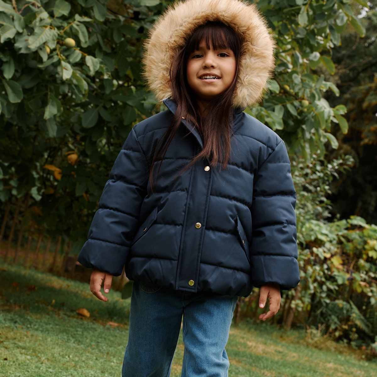 Doudoune enfant imperméable doublée sherpa avec capuche Adèle bleu, PETIT BEGUIN