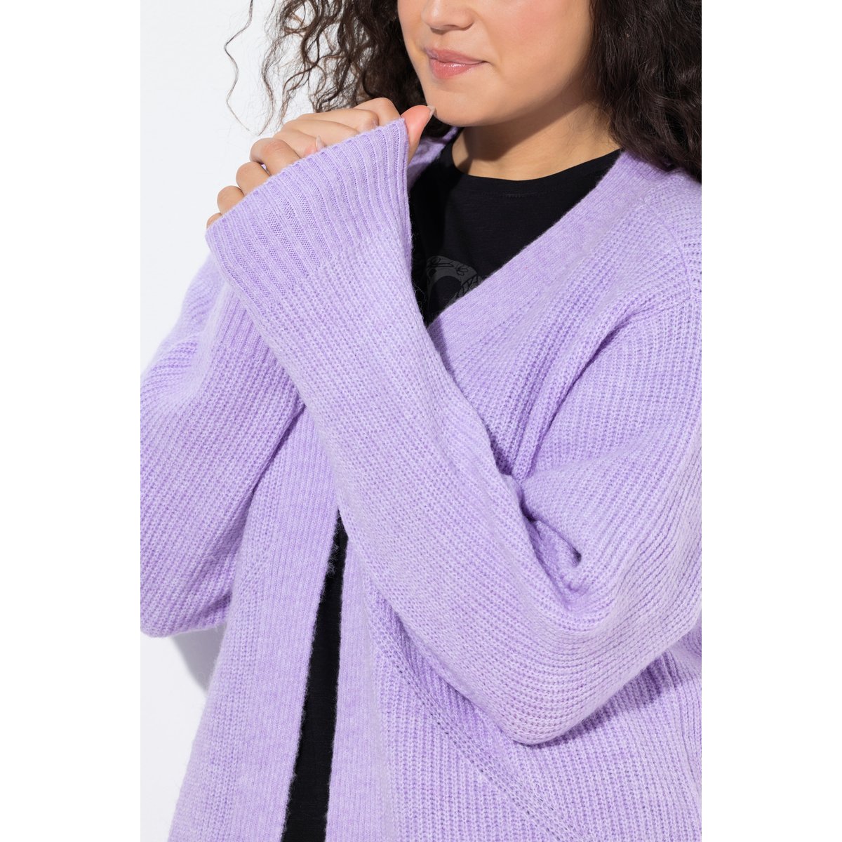 Cardigan long en maille côtelée lavande, ULLA POPKEN