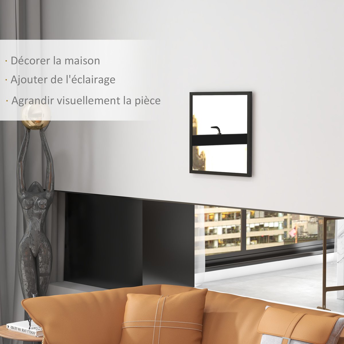 Miroir mural Verre Bois naturel noir, HOMCOM